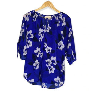 Yumi Kim Blue Floral Joey Tie Neck Peasant Blouse Size Small